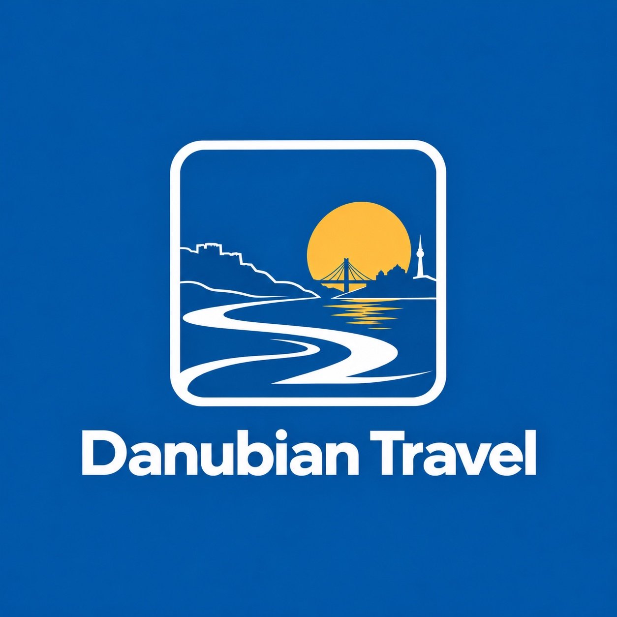 Logo original Danubian Travel, albastru, alb si auriu